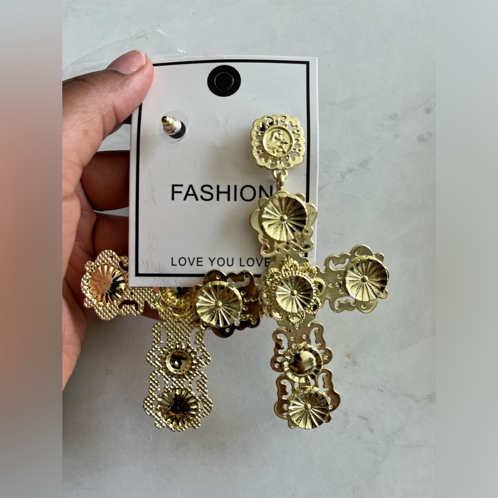 Cross gold color earring